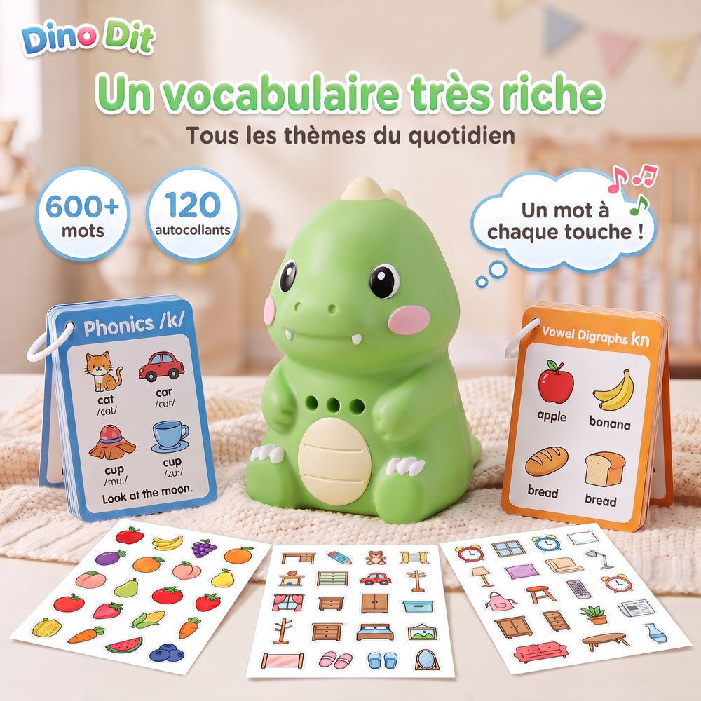 Dino Dit vert avec ses cartes et ses autocollants : plus de 600 mots
