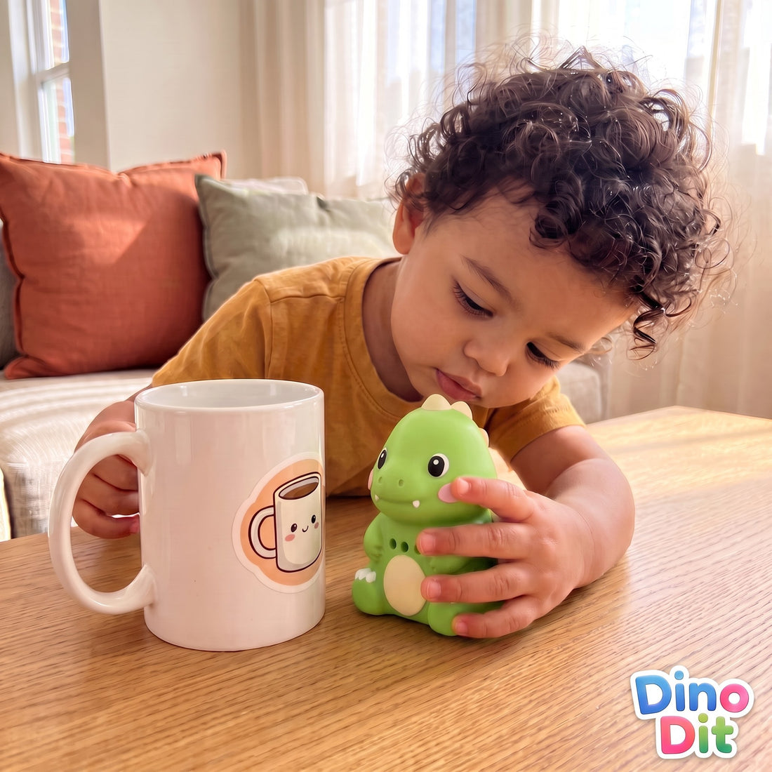 Un enfant pose Dino Dit sur l'autocollant d'une tasse