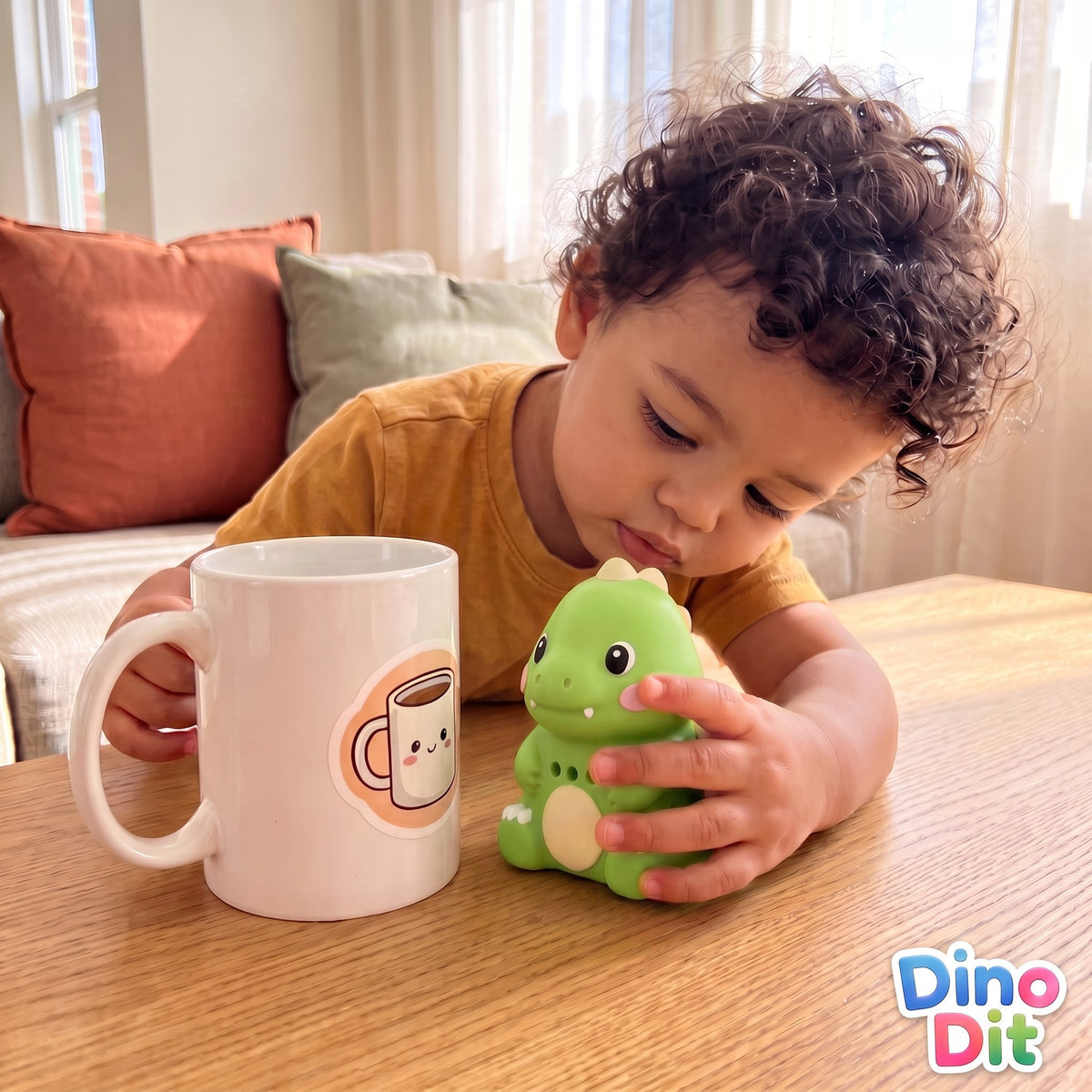 Un enfant pose Dino Dit sur un autocollant