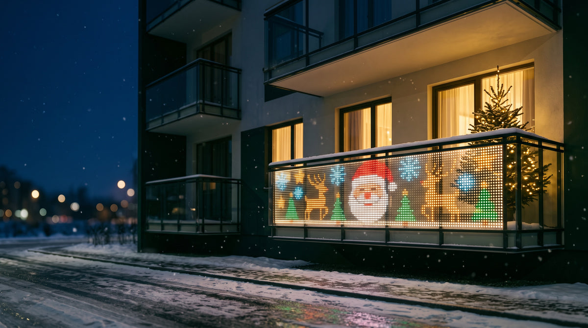 Balcon illuminé par le rideau de lumières de Noël animées La Nocte