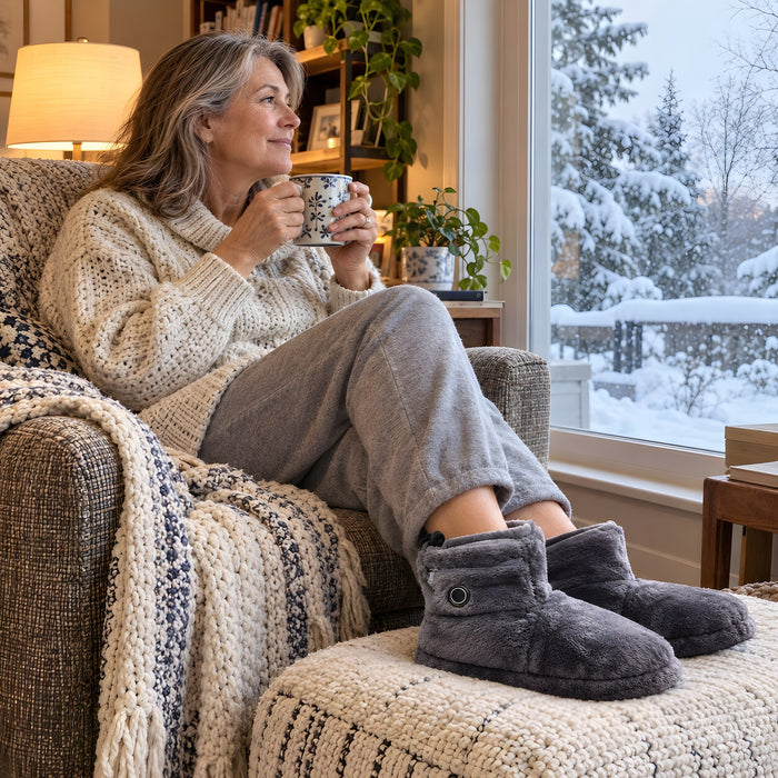 Cliente qui boit son thé dans un fauteuil, les pieds dans ses bottes chauffantes La Nocte