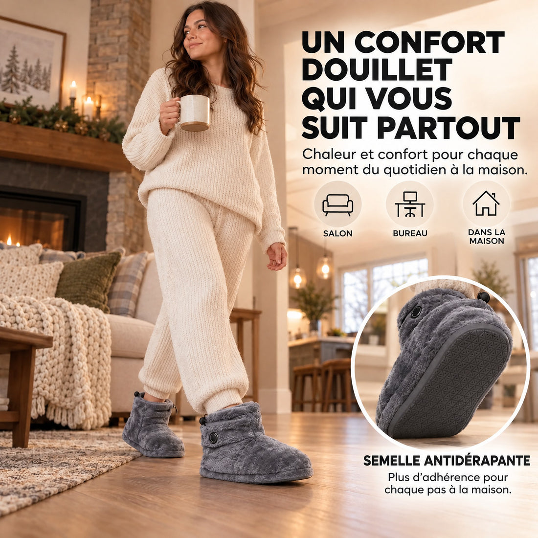 Un confort douillet qui vous suit partout : bottes chauffantes La Nocte au salon, au bureau et dans la maison, semelle antidérapante