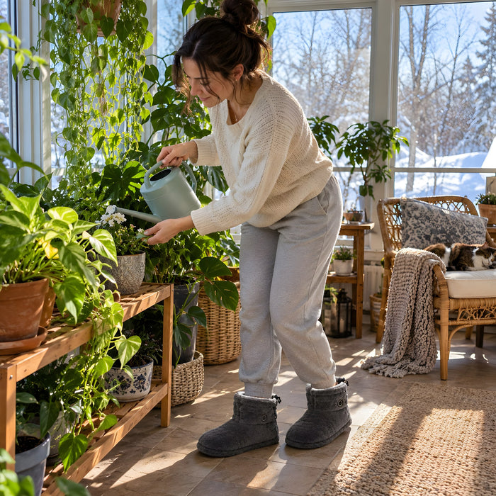 Femme qui arrose ses plantes à la maison en bottes chauffantes La Nocte