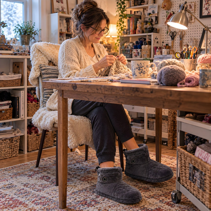 Femme qui tricote à sa table de loisirs avec ses bottes chauffantes La Nocte