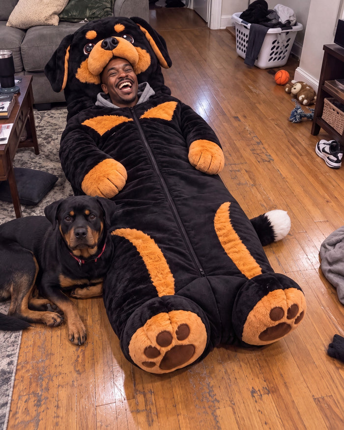 Client hilare dans le sac de couchage chien Rottweiler La Nocte, à côté de son rottweiler