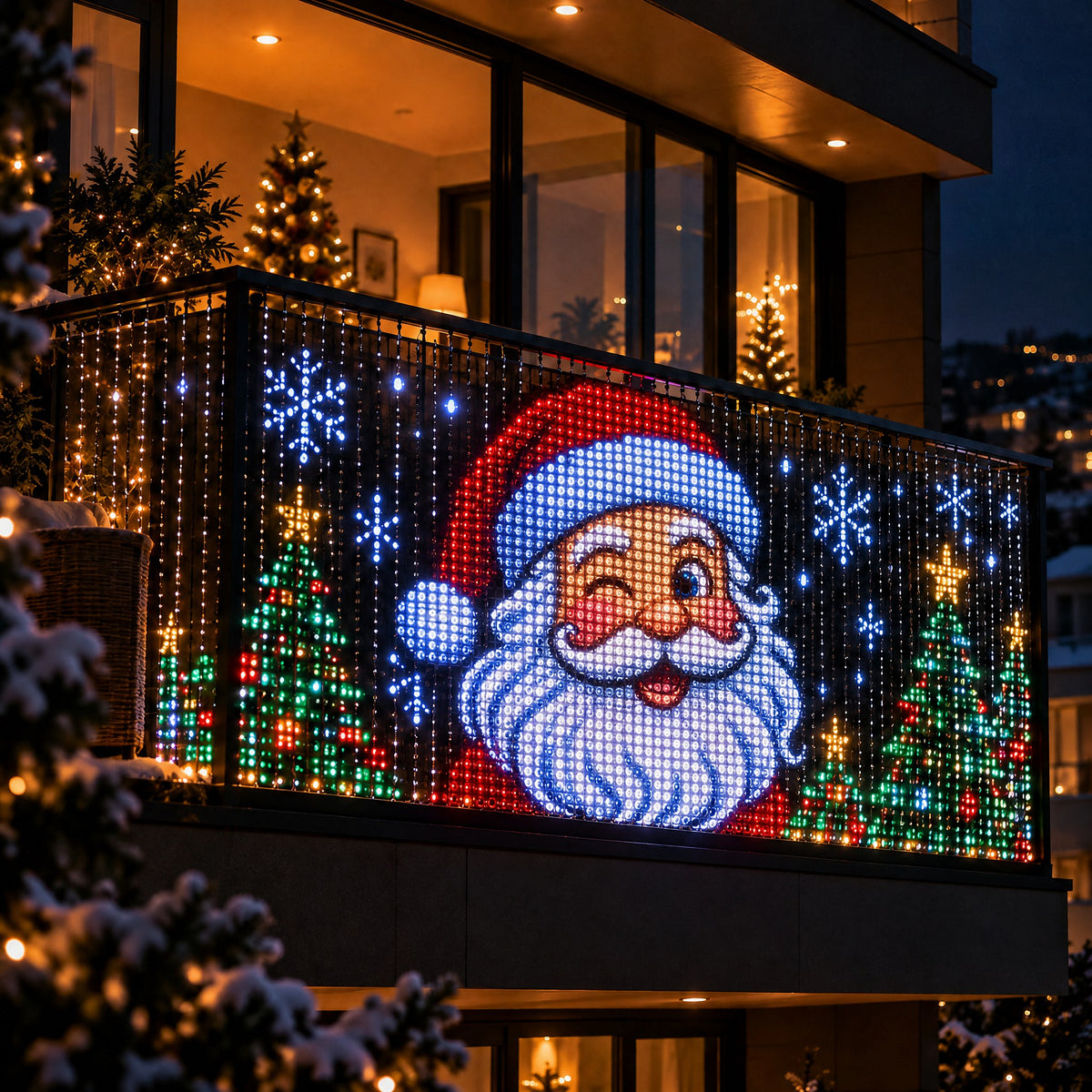 Balcon illuminé par un Père Noël en lumières animées